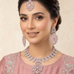 Pink crystal jewellery set with silver finish