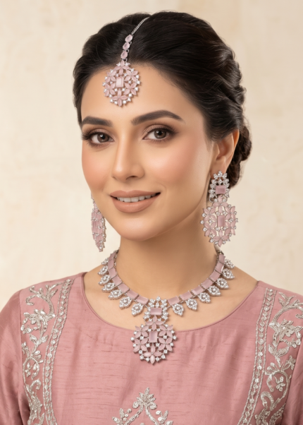 Pink crystal jewellery set with silver finish