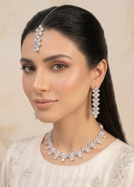 Silver zircon jewellery set front view
